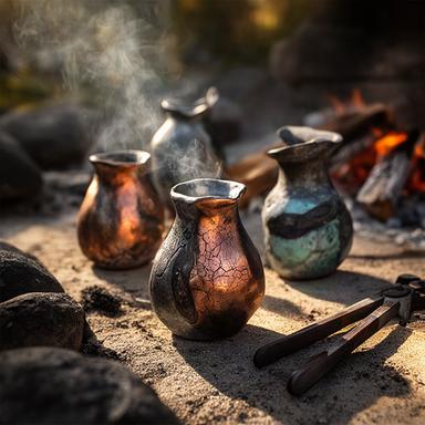 Piccoli vasi raku appena cotti con riflessi metallici all'aperto