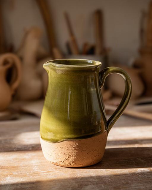 Brocca in ceramica verde oliva con manico spesso e fondo naturale