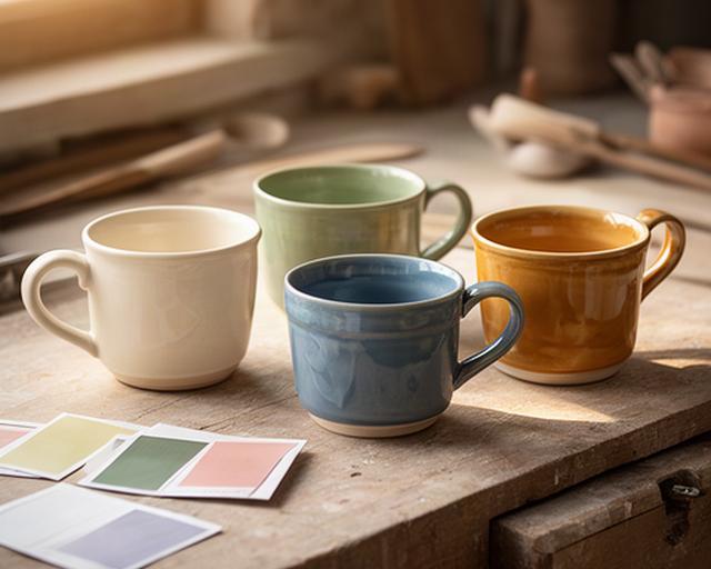 Servizio da tè artigianale con quattro tazze smaltate sul banco