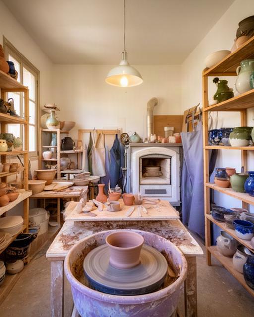 Interno dell'atelier di ceramica a Partinico con scaffali pieni di pezzi smaltati