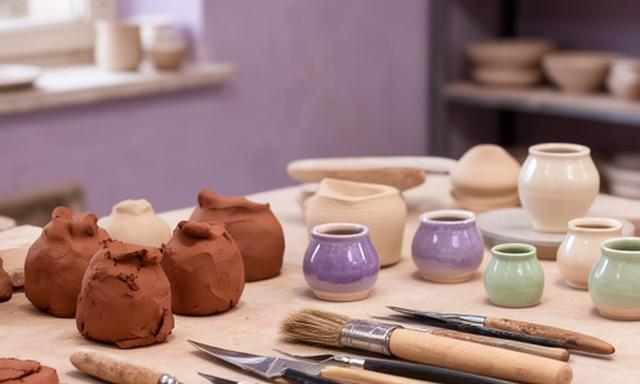 Tavolo di lavoro in uno studio di ceramica di Partinico con argilla, strumenti e pezzi smaltati