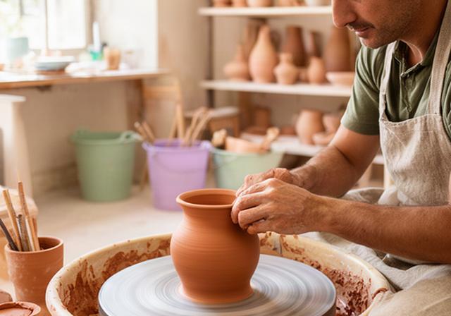 Allieva al tornio in un laboratorio di ceramica luminoso a Partinico