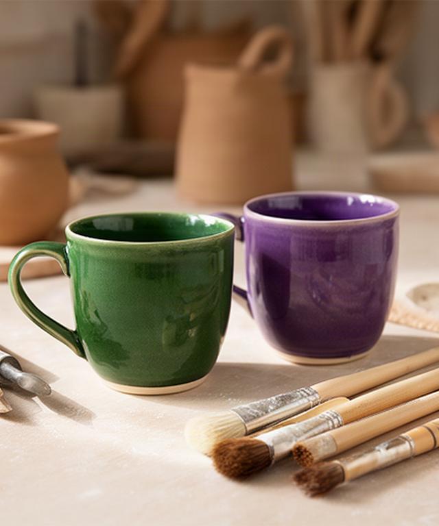 Due tazze artigianali in ceramica verde e viola accanto a pennelli
