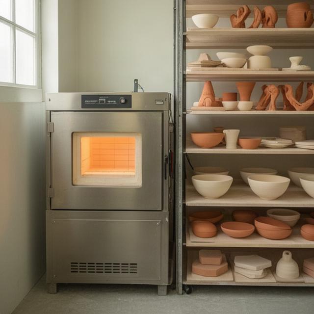 Forno ceramico in acciaio accanto a mensole con lavori in cottura