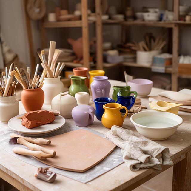 Banco ordinato dell'atelier di Partinico con argilla, stecche e ceramiche colorate