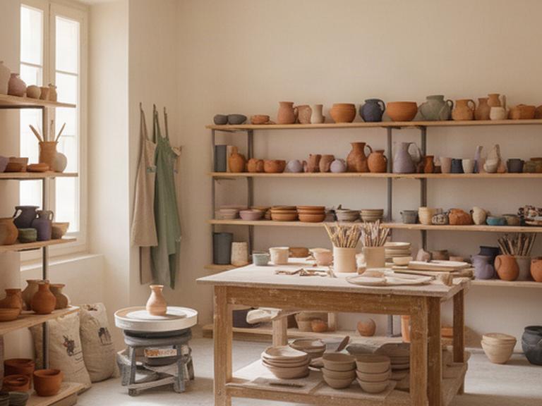 Interno dell'atelier di ceramica a Partinico con scaffali di opere e luce naturale