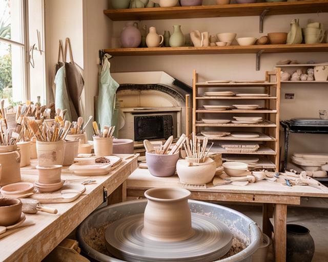 Interno dell'atelier di ceramica con tornio, scaffali e strumenti per la decorazione