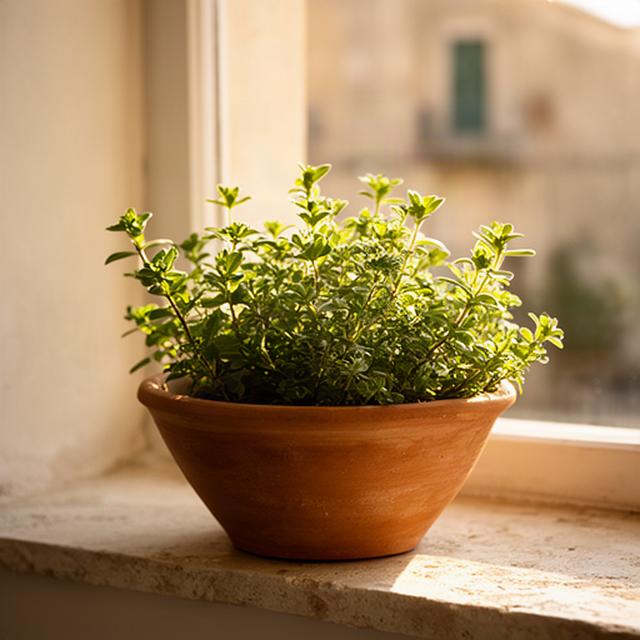 Ciotola in terracotta con piantina aromatica su un davanzale soleggiato
