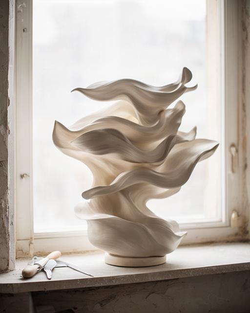 Scultura astratta in argilla chiara accanto a una finestra luminosa