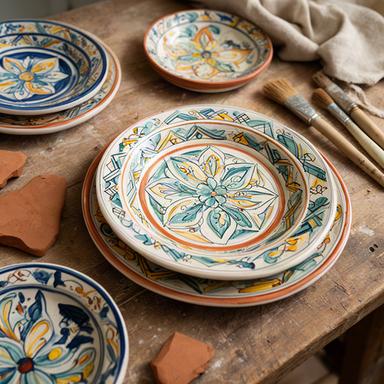 Piatti decorati con motivi di maiolica siciliana su un tavolo da lavoro