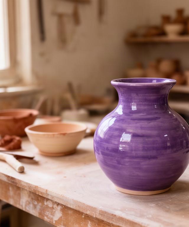 Vaso in ceramica viola appoggiato su un banco di lavoro nella bottega di Partinico