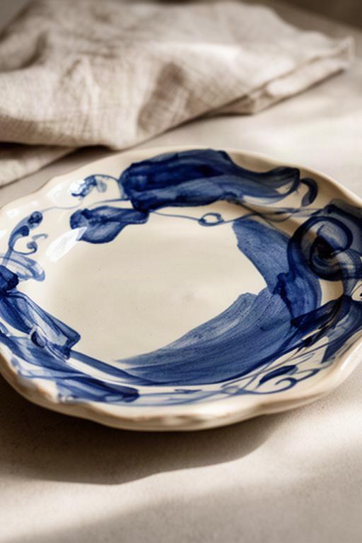 Piatto artigianale in ceramica con decorazione blu e bordo irregolare