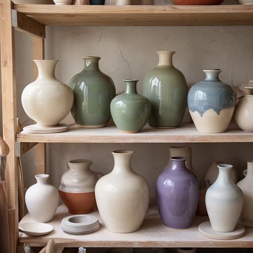Vasi in ceramica smaltata disposti su uno scaffale dell'atelier