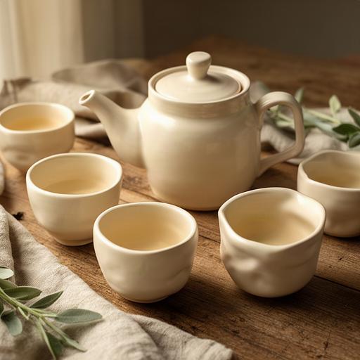 Servizio da tè artigianale con tazze e teiera color crema