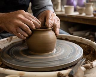 Mani che lavorano un vaso di argilla su un tornio nello studio