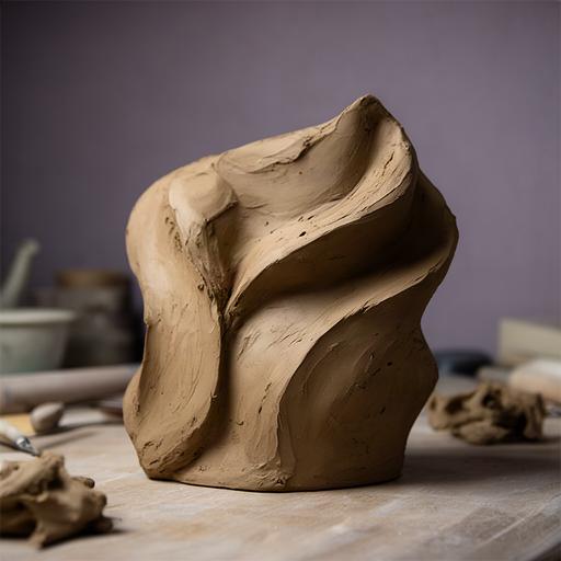 Scultura astratta in argilla grezza su un tavolo da lavoro