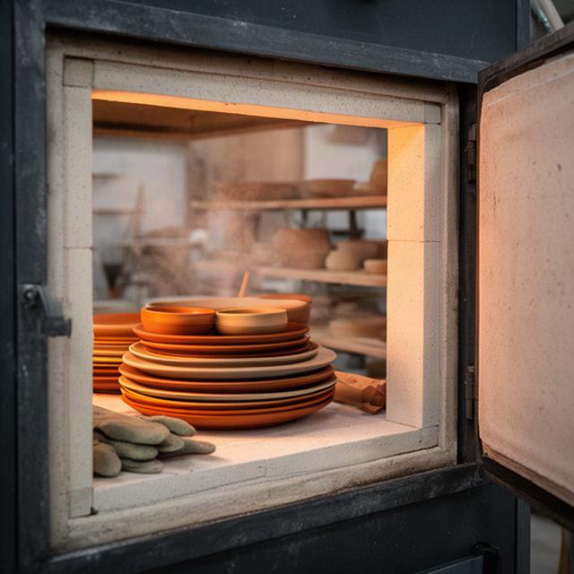 Forno ceramico aperto con piatti appena cotti nel laboratorio artigianale