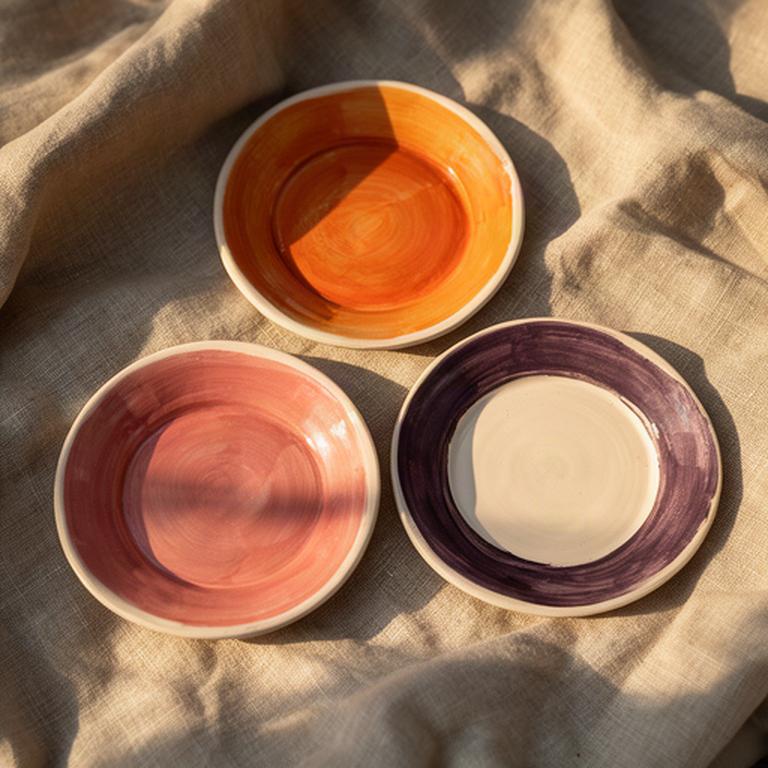 Set di piccoli piatti in ceramica nei toni del tramonto disposto su un panno naturale