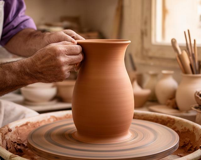 Mani al lavoro su un vaso in argilla nel laboratorio di ceramica di Partinico