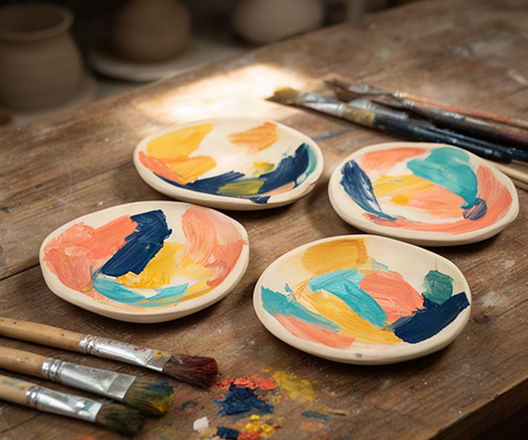 Piatti in ceramica dipinti con pennellate colorate su un tavolo di legno