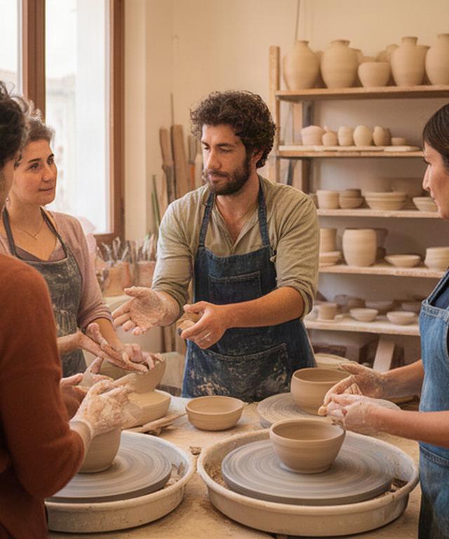 Gruppo ristretto durante una lezione di ceramica nel laboratorio di Partinico