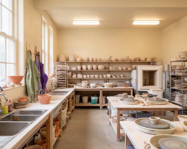 Interno del laboratorio ceramico con lavandini, torni e tavoli per piccoli gruppi