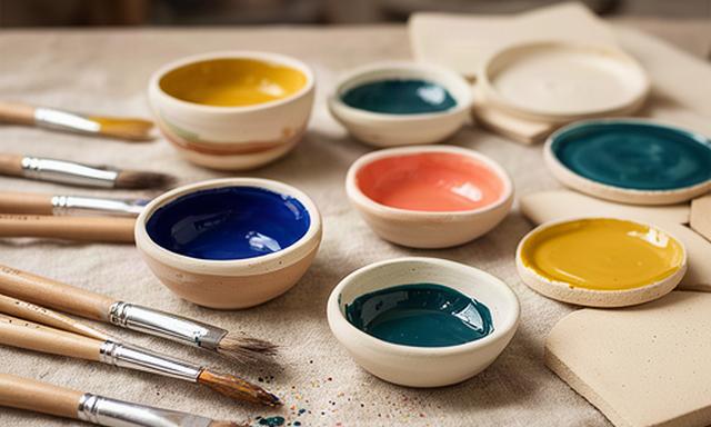 Pennelli e smalti colorati accanto a piccole piastrelle ceramiche